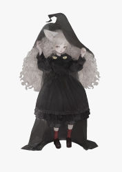 Rule 34 | 1girl, animal ears, animal print, big hair, black cape, black footwear, black hat, bloomers, blunt bangs, cape, cat ears, cat girl, cat print, closed mouth, collared dress, dress, eye print, full body, grey hair, hand on headwear, hands up, hat, highres, long hair, long sleeves, looking at viewer, nekosuke (oxo), original, puffy long sleeves, puffy sleeves, red socks, shoes, simple background, socks, solo, standing, underwear, w arms, wavy hair, white background, witch, witch hat