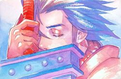 Rule 34 | 1boy, armor, blue background, blue hair, brown gloves, buster sword, closed eyes, covering own mouth, crisis core final fantasy vii, final fantasy, final fantasy vii, gloves, gouache (medium), hair between eyes, hair slicked back, highres, holding, holding sword, holding weapon, male focus, medium hair, painting (medium), shoulder armor, sideburns, solo, suba rashii, sword, traditional media, upper body, weapon, zack fair