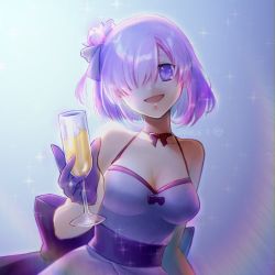 Rule 34 | 1girl, absurdres, alcohol, breasts, champagne, champagne flute, cleavage, cup, dress, drink, drinking glass, fate/grand order, fate (series), goo-yan (ogura tomomi), hair over one eye, hair ribbon, highres, holding, looking at viewer, mash kyrielight, mash kyrielight (fgo x takarazuka kinen), medium breasts, official alternate costume, open mouth, purple eyes, purple hair, ribbon, short hair, smile, solo, upper body