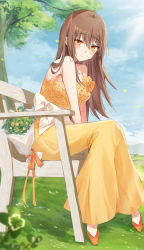 Rule 34 | 1girl, bare arms, bare shoulders, blue sky, bouquet, breasts, brown eyes, brown hair, closed mouth, cloud, cloudy sky, day, dress, flower, hair between eyes, highres, kinona, long hair, looking at viewer, medium breasts, on bench, orange footwear, original, outdoors, rose, shoes, sitting, sky, smile, solo, strapless, strapless dress, tree, very long hair, yellow dress, yellow flower, yellow rose
