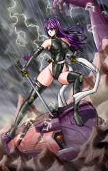 Rule 34 | 1girl, 1other, absurdres, after battle, android, artist request, black leotard, breasts, curvy, fighting stance, floating hair, highleg, highleg leotard, highres, katana, large breasts, leotard, long hair, looking to the side, marvel, psylocke, purple eyes, purple hair, rain, revealing clothes, sash, sentinel (x-men), shiny skin, simple background, size difference, sky, sword, thong leotard, weapon, white sash, x-men