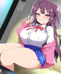 Rule 34 | 1girl, bebebe (pepegakii), bow, breasts, couch, hase rinon, highres, huge breasts, long hair, oppai loli, peace symbol, purple hair, red eyes, school uniform, sitting, skirt, table, tama project, thick thighs, thighs, twintails, virtual youtuber