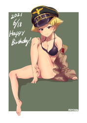 Rule 34 | 1girl, absurdres, ass, bikini, black bikini, blonde hair, blush, breasts, brown eyes, closed mouth, collarbone, dated, english text, erwin (girls und panzer), female focus, full body, girls und panzer, green hat, grey background, half-closed eyes, halterneck, happy birthday, hat, highres, jacket, large breasts, looking at viewer, military hat, military jacket, outside border, peaked cap, shiny skin, sitting, smile, solo, swimsuit