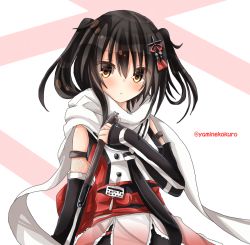 Rule 34 | 10s, 1girl, bad id, bad pixiv id, bare shoulders, black gloves, black hair, brown eyes, elbow gloves, fingerless gloves, gloves, hair ornament, kantai collection, looking at viewer, obi, sailor collar, sash, scarf, sendai (kancolle), sendai kai ni (kancolle), short hair, solo, torpedo, twitter username, two side up, white scarf, yamine kuro