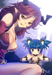 Rule 34 | 2girls, bad id, bad pixiv id, blue hair, breasts, castanic, castanics, cleavage, elin, flat chest, horns, mame-p, medium breasts, multiple girls, pointy ears, red hair, single horn, tera online, thighhighs