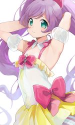 Rule 34 | 1girl, arm garter, armpits, arms behind head, bow, closed mouth, green eyes, highres, hiroki (yyqw7151), long hair, looking at viewer, manaka laala, presenting armpit, pretty series, pripara, purple hair, red bow, simple background, smile, solo, twintails, very long hair, white background