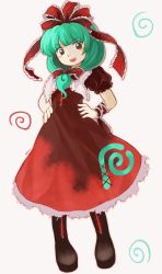 Rule 34 | 1girl, boots, brown footwear, commentary, cross-laced footwear, dress, full body, green eyes, green hair, hair ribbon, hands on own hips, highres, kagiyama hina, lace, lace-trimmed ribbon, lace-up boots, lace trim, open mouth, puffy short sleeves, puffy sleeves, red dress, red ribbon, ribbon, sakumo (okura oishiiii), short sleeves, smile, solo, touhou, v-shaped eyebrows, zun (style)