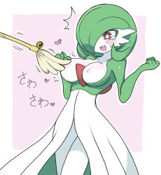 Rule 34 | 1girl, blush, border, breasts, cowboy shot, creatures (company), game freak, gardevoir, gen 3 pokemon, green hair, hair over one eye, heart, highres, medium breasts, nintendo, nipples, no humans, open mouth, pink background, pokemon, pokemon (creature), red eyes, short hair, simple background, smile, solo, tears, teeth, tickling, upper teeth only, white-stew, white border