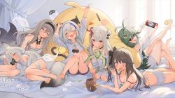 Rule 34 | 6+girls, animal, animal ear fluff, animal ears, arms up, ass, azur lane, bare shoulders, barefoot, blue hair, breasts, butt crack, byulzzi, camisole, card, cleavage, dark green hair, full body, grey hair, grey tail, holding, holding animal, kasumi (azur lane), large tail, libeccio (azur lane), loading screen, lying, maestrale (azur lane), manjuu (azur lane), medium breasts, multicolored hair, multiple girls, murmansk (azur lane), nintendo switch, official alternate costume, official art, on stomach, open mouth, pamiat merkuria (azur lane), pamiat merkuria (sweet cherry memories) (azur lane), playing card, purple eyes, red eyes, red hair, shorts, sleeping, strapless, streaked hair, tail, third-party source, torricelli (azur lane), turtle, two-tone hair, white camisole, white shorts