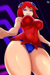 Rule 34 | 1girl, :3, absurdres, bare shoulders, blinky, blinky (pac-man), breasts, cameltoe, cleft of venus, covered navel, cowboy shot, dress, highres, jmg, large breasts, looking at viewer, pac-man (game), panties, pantyshot, personification, puffy nipples, red dress, red hair, short dress, short hair, skin tight, smile, solo, thick thighs, thighs, underwear, wide hips