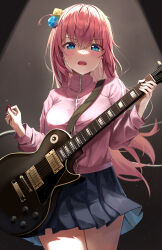 Rule 34 | 1girl, absurdres, black background, black skirt, blue eyes, blush, bocchi the rock!, breasts, cowboy shot, cube hair ornament, electric guitar, gotoh hitori, guitar, hair ornament, highres, instrument, jacket, kimae, large breasts, light particles, long hair, long sleeves, looking at viewer, miniskirt, music, one side up, open mouth, pink hair, pink jacket, playing instrument, pleated skirt, plectrum, simple background, skirt, solo, spotlight, sweat, track jacket, v-shaped eyebrows, very long hair