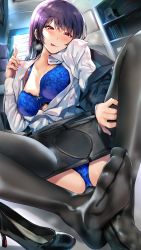 Rule 34 | 1girl, :p, black footwear, black pantyhose, blue bra, blue panties, blush, bra, clothes pull, feet, foot focus, high heels, highres, long hair, looking at viewer, mole, mole under eye, nonohachi, open clothes, original, panties, pantyhose, pantyhose pull, purple hair, red eyes, shoes, unworn shoes, sitting, smile, solo, toes, tongue, tongue out, underwear