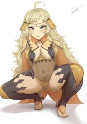 Rule 34 | 1girl, absurdres, ahoge, arms behind back, blonde hair, breasts, cape, commission, commissioner upload, covered navel, deliciousbrain, fire emblem, fire emblem fates, gluteal fold, grey eyes, high heels, highres, long hair, looking at viewer, medium breasts, nintendo, ophelia (fire emblem), panties, solo, squatting, thighhighs, thighs, toeless footwear, underwear, very long hair, yellow panties