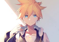 Rule 34 | 1boy, bandages, bandage on face, bass clef, black collar, black sleeves, blonde hair, blue eyes, collar, collarbone, commentary, expressionless, headphones, headphones around neck, headset, holding, holding headphones, kagamine len, looking up, male focus, sailor collar, school uniform, shirt, short ponytail, sidelighting, sinaooo, solo, spiked hair, upper body, vocaloid, white shirt