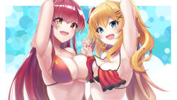 Rule 34 | 2girls, akai haato, akai haato (hololive summer 2019), aqua background, aqua eyes, arm up, armpits, bikini, blonde hair, blush, border, breast press, breasts, bubble background, collarbone, commentary request, eyelashes, frilled bikini, frills, gold trim, hair ornament, hairclip, heterochromia, highres, hololive, houshou marine, houshou marine (summer), large breasts, long hair, looking at viewer, multiple girls, ooike teru, open mouth, presenting armpit, red bikini, red eyes, red hair, sidelocks, skindentation, smile, sweatdrop, swimsuit, symmetrical docking, teeth, twintails, two side up, underboob, upper body, upper teeth only, virtual youtuber, white border, yellow eyes