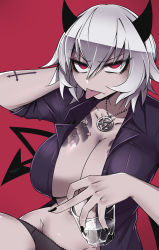Rule 34 | 1girl, absurdres, arm behind head, arm tattoo, artist name, black horns, black panties, black shirt, black tail, breasts, cleavage, cross, demon girl, demon horns, demon tail, eyes visible through hair, glass, helltaker, highres, horns, irezumi, malina (helltaker), navel, open clothes, open shirt, panties, pentagram, pentagram necklace, red background, red eyes, shirt, short hair, signature, st41nn, tail, tattoo, tongue, tongue out, tsundere, underwear, water