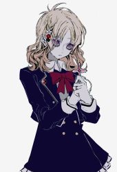 Rule 34 | 1girl, bad id, bad pixiv id, blazer, blonde hair, button up skirt, cross, diabolik lovers, female focus, flower, grey background, hair flower, hair ornament, hemostatic, highres, holding, holding cross, jacket, komori yui, layered skirt, looking up, own hands clasped, own hands together, pale skin, pink eyes, school uniform, simple background, skirt, solo, wavy hair