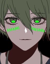 Rule 34 | 1boy, amami rantaro, black background, character name, danganronpa (series), danganronpa v3: killing harmony, earrings, green eyes, green hair, hair between eyes, highres, jewelry, looking at viewer, male focus, necklace, parted lips, porary, portrait, short hair, sketch, smile, solo