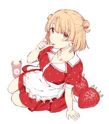 Rule 34 | 1girl, apron, blonde hair, blush, breasts, cherry, collarbone, cream on hands, double bun, dress, earrings, food, frilled apron, frills, fruit, full body, green eyes, hair bun, highres, indie virtual youtuber, jewelry, large breasts, licking, looking at viewer, milkshake, oversized food, oversized object, pappara, pom pom (clothes), pom pom earrings, red dress, red footwear, seiza, shigure ui (vtuber), short hair, simple background, sitting, solo, strawberry, white apron, white background, yokozuwari