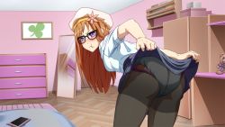 Rule 34 | 1girl, annoyed, ass, bedroom, blush, breasts, brown hair, clothes lift, diaper, erika wilkins, flashing, game cg, glasses, hat, long hair, looking at viewer, looking back, medium breasts, messy academy, original, pantyhose, pout, pulled by self, purple eyes, school uniform, skirt, skirt lift, solo, star (symbol), star print, underwear