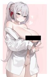 Rule 34 | 1girl, absurdres, bar censor, breasts, censored, chimyo, commission, grey eyes, grey hair, heart, highres, korean commentary, large breasts, long hair, navel, original, ponytail, solo, v