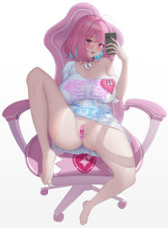 Rule 34 | 1girl, ahoge, armpit crease, ass, bandaid, bandaid on pussy, bare legs, barefoot, belt collar, blue hair, blush, bob cut, bone print, breasts, cellphone, chair, choker, collar, collarbone, colored inner hair, eyebrows hidden by hair, fang, feet, fingernails, gaming chair, gradient background, hair intakes, heart, heart-shaped lock, heart collar, heart on chest, heart print, highres, holding, holding phone, huge breasts, idolmaster, idolmaster cinderella girls, idolmaster cinderella girls starlight stage, knee up, large breasts, legs, light blue hair, looking at viewer, lower teeth only, multicolored hair, open mouth, oversized clothes, oversized shirt, phone, pink bandaid, pink choker, pink eyes, pink hair, pink heart, print shirt, raised eyebrows, ruinabyss, selfie, shirt, short sleeves, single bare shoulder, sitting, skeleton print, skin fang, smartphone, solo, sparkle print, swivel chair, t-shirt, teeth, thighs, toenails, two-tone hair, white background, white shirt, yumemi riamu