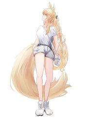 Rule 34 | 1girl, absurdres, alternate costume, andersonalac, animal ears, arknights, bag, bare legs, belt, black belt, black ribbon, blemishine (arknights), blonde hair, breasts, casual, chinese commentary, closed mouth, cross-laced footwear, full body, hair ribbon, hand in pocket, handbag, highres, horse ears, horse girl, horse tail, long hair, looking up, medium breasts, ponytail, ribbon, shirt, shirt tucked in, shoes, short shorts, short sleeves, shorts, simple background, smile, sneakers, solo, tail, wavy hair, white background, white footwear, white shirt, white shorts, yellow eyes