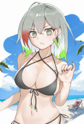 Rule 34 | 1girl, absurdres, bikini, breasts, cleavage, colored tips, diabellstar the black witch, duel monster, earrings, green eyes, green hair, highres, jewelry, large breasts, looking at viewer, medium hair, multicolored hair, nail polish, navel, newminds, ocean, pale skin, solo, string bikini, swimsuit, yu-gi-oh!