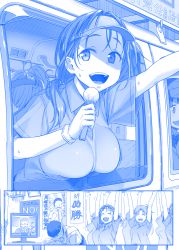 Rule 34 | 6+girls, :d, \o/, ^ ^, arms up, blue theme, breast rest, breasts, bus, cheering, closed eyes, collared shirt, comic, gloves, hachimaki, hair ornament, hair over shoulder, hair scrunchie, headband, himura kiseki, large breasts, long hair, microphone, monochrome, motor vehicle, multiple girls, open mouth, open window, original, outstretched arm, outstretched arms, ponytail, poster (object), scrunchie, shirt, short sleeves, silent comic, smile, sweat, teeth, television, visor cap, window