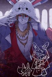 Rule 34 | 1boy, :d, animal hood, blonde hair, capelet, chibi, earrings, fate/grand order, fate (series), fou (fate), fou hood, gilgamesh (fate), holding, hood, jewelry, looking at viewer, male focus, necklace, open mouth, red eyes, red robe, robe, smile, topless male, yakan (kusogaki teikoku)