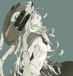 Rule 34 | 10s, 1girl, abyssal ship, asakawa (outeq), blue eyes, bodysuit, breasts, cape, grey hair, kantai collection, long hair, monochrome, shaft look, small breasts, solo, wo-class aircraft carrier