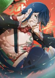 Rule 34 | 1boy, absurdres, alternate hair color, text background, black pants, blue hair, chest tattoo, chinese clothes, chinese commentary, chinese text, closed mouth, commentary request, confetti, dragon tattoo, expressionless, eyes visible through hair, fate/grand order, fate (series), feet out of frame, flower tattoo, gauntlets, green eyes, hair between eyes, hands on own cheeks, hands on own face, highres, long hair, long sleeves, looking at viewer, male focus, nagatekkou, no nipples, nvy xxx, pants, pixiv id, ponytail, signature, smile, solo, tattoo, topless male, twitter username, very long hair, yan qing (fate), yin yang, yin yang tattoo