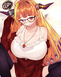 Rule 34 | bare shoulders, black thighhighs, blunt bangs, bow, breasts, camisole, cleavage, collarbone, dragon girl, dragon horns, dragon tail, frilled camisole, frills, hair intakes, highres, hololive, horn bow, horn ornament, horns, huge breasts, jacket, jewelry, kiryu coco, kiryu coco (loungewear), long hair, mi taro333, multicolored hair, necklace, orange hair, purple eyes, red eyes, solo, spoken squiggle, squiggle, streaked hair, tail, thighhighs, track jacket, virtual youtuber, white camisole