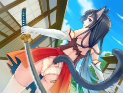 Rule 34 | 1girl, animal ears, armband, ass, ass cutout, back, bandaid, bare shoulders, black hair, blue eyes, blue sky, butt crack, cat ears, cat tail, clothing cutout, cloud, dutch angle, elbow gloves, gloves, japanese clothes, katana, long hair, looking back, original, otosume ruiko, panties, ponytail, sky, smile, solo, sword, tail, tail through clothes, thighhighs, underwear, very long hair, weapon, white gloves