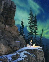 Rule 34 | 1boy, aurora, blonde hair, campfire, erik krenz, fire, highres, link, looking to the side, male focus, mountain, nature, night, night sky, nintendo, outdoors, pine tree, pointy ears, rock, scenery, shield, sitting, sitting on rock, sky, snow, solo, star (sky), starry sky, the legend of zelda, the legend of zelda: breath of the wild, tree, wide shot