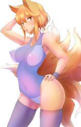 Rule 34 | 1girl, animal ears, arm up, blonde hair, breasts, collarbone, contrapposto, covered erect nipples, dearmybrothers, female focus, fox ears, fox tail, hand on own hip, highres, large breasts, looking at viewer, multiple tails, one-piece swimsuit, open mouth, puffy nipples, purple one-piece swimsuit, purple thighhighs, skindentation, solo, standing, swimsuit, tail, thighhighs, touhou, uncensored, yakumo ran, yellow eyes