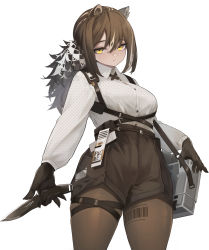 Rule 34 | 1girl, absurdres, animal ears, arknights, bag, barcode, breasts, brown hair, brown pantyhose, brown shorts, closed mouth, collared shirt, commentary request, cowboy shot, cross tie, hair between eyes, highres, holding, holding knife, knife, large breasts, long hair, long sleeves, looking at viewer, mari0ball, pantyhose, ponytail, raccoon ears, robin (arknights), shirt, shorts, simple background, solo, standing, white background, white shirt, yellow eyes