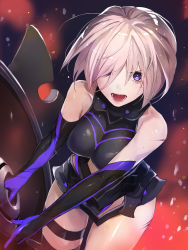 Rule 34 | 1girl, armor, armored dress, breasts, collar, elbow gloves, fate/grand order, fate (series), faulds, gloves, hair over one eye, highres, large breasts, light purple hair, looking at viewer, mash kyrielight, metal collar, open mouth, pink hair, purple eyes, purple gloves, shield, short hair, solo, taishi (picchiridou), thigh strap, thighs