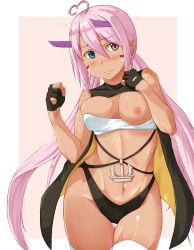 Rule 34 | 1girl, ahoge, azur lane, bandeau, bandeau pull, bikini, bikini bottom only, black bikini, black gloves, blue eyes, blush, breasts, clenched hand, closed mouth, commentary request, cowboy shot, dark-skinned female, dark skin, facepaint, gloves, hair between eyes, heart, heart ahoge, heterochromia, highres, horns, indianapolis (azur lane), izumo konata, long hair, looking to the side, medium breasts, navel, nipple slip, nipples, one breast out, partially fingerless gloves, pink background, pink hair, purple horns, sleeveless, solo, swimsuit, thighhighs, twintails, two-tone background, very long hair, white background, white bandeau, white thighhighs, yellow eyes