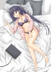 Rule 34 | 1girl, bra, breasts, brown eyes, commentary request, earpiece, grey hair, hair ornament, kantai collection, long hair, long sleeves, lying, makinoki, medium breasts, navel, on back, open clothes, open shirt, panties, pink shirt, purple bra, purple panties, scamp (kancolle), shirt, side ponytail, solo, star (symbol), star hair ornament, underwear, very long hair