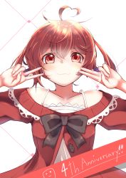 Rule 34 | 1girl, absurdres, ahoge, anniversary, bare shoulders, black bow, bow, brown hair, closed mouth, collarbone, demimushi, dress, hair between eyes, hair rings, hands up, heart, heart ahoge, highres, jacket, kakuchou shoujo-kei trinary, looking at viewer, off-shoulder jacket, off shoulder, ose tsubame, red eyes, red jacket, sleeveless, sleeveless dress, smile, solo, v, white background, white dress