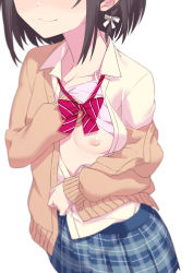 Rule 34 | 1girl, blue skirt, blush, bow, breasts, brown cardigan, brown hair, cardigan, character request, check character, check copyright, closed mouth, clothes lift, collarbone, collared shirt, copyright request, female focus, hair ribbon, highres, kamiyama high school uniform (project sekai), morisobo, nipples, open cardigan, open clothes, open shirt, out of frame, plaid, plaid skirt, project sekai, ribbon, school uniform, shinonome ena, shirt, shirt lift, short hair, simple background, skirt, small breasts, smile, solo, striped, striped bow, white background, white ribbon, white shirt