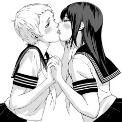 Rule 34 | 2girls, bad id, bad pixiv id, blush, couple, earrings, eye contact, french kiss, greyscale, hand on another&#039;s face, holding hands, jewelry, kiss, kozaki yuusuke, leaning forward, long hair, looking at another, monochrome, multiple girls, pleated skirt, profile, school uniform, serafuku, shirt, short hair, simple background, skirt, sweat, tongue, upper body, yuri