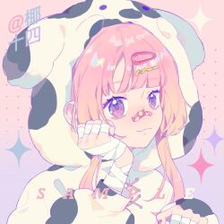 Rule 34 | 1girl, :3, animal ears, animal hood, animal print, ascot, bandaged arm, bandaged hand, bandages, bandaid, bandaid on face, bandaid on nose, blunt bangs, chinese commentary, closed mouth, colored eyelashes, commentary request, cow ears, cow print, fake animal ears, hair ornament, hairclip, hand on own cheek, hand on own face, hood, long sleeves, looking ahead, nail polish, onesie, original, pink background, pink hair, pink nails, polka dot, polka dot background, puffy long sleeves, puffy sleeves, purple background, purple eyes, sample watermark, short hair with long locks, smile, solo, sparkle, sparkling eyes, twitter username, two-tone background, upper body, watermark, white ascot, white sleeves, yeshisi