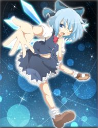 Rule 34 | 1girl, blue eyes, blue hair, bow, bubble, cirno, do (4-rt), fang, finger to mouth, highres, ice, ice wings, letterboxed, lights, looking at viewer, matching hair/eyes, midriff, navel, one eye closed, open mouth, outstretched arm, outstretched hand, shirt, skirt, skirt set, smile, solo, touhou, vest, wings, wink