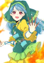 Rule 34 | 1girl, apron, arm ribbon, bad id, bad pixiv id, between fingers, blue hair, blue ribbon, brush, dress, fire, flower, green apron, green headwear, hands up, haniyasushin keiki, highres, holding, jill 07km, long hair, long sleeves, looking at viewer, open mouth, pink eyes, pocket, ribbon, simple background, smile, solo, standing, touhou, white background, white flower, yellow dress, yellow sleeves