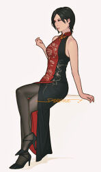 Rule 34 | ada wong, alternate costume, artist name, bare arms, bare shoulders, black dress, black footwear, black hair, breasts, china dress, chinese clothes, dress, gold trim, long dress, medium breasts, parted bangs, red dress, resident evil, sardine (kjr0313), short hair, side slit, sitting, strappy heels, two-tone dress, white background