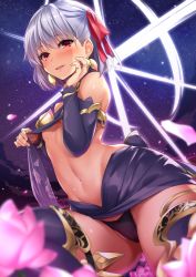 Rule 34 | 1girl, :d, bare shoulders, blurry, blurry foreground, blush, breasts, detached sleeves, dress, dress tug, earrings, fate/grand order, fate (series), gold, hair between eyes, hair ribbon, hand up, highres, jewelry, kama (fate), kama (first ascension) (fate), kurenai hanpen, looking at viewer, multiple rings, navel, open mouth, panties, purple dress, purple panties, purple skirt, red eyes, red ribbon, ribbon, ring, silver hair, skirt, sky, small breasts, smile, solo, star (sky), starry sky, stomach, thighhighs, underboob, underwear