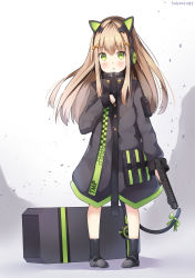 Rule 34 | 1girl, absurdres, animal ear headphones, animal ears, black footwear, black jacket, black socks, blush, bow, breath, cat ear headphones, cat ears, cat tail, character name, commentary request, fake animal ears, full body, girls&#039; frontline, green bow, green eyes, gun, hair between eyes, hair bow, headphones, highres, holding, holding gun, holding weapon, jacket, light brown hair, long hair, long sleeves, name connection, object namesake, orange bow, parted lips, shoes, signature, sleeves past wrists, sob (submar1089), socks, solo, standing, b&amp;t mp9, submachine gun, tail, tail bow, tail ornament, tmp (girls&#039; frontline), weapon, white background