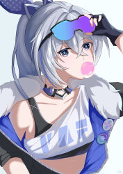 Rule 34 | 1girl, absurdres, adjusting goggles, blowing bubbles, choker, commentary request, crop top, eclipse., goggles, goggles on head, grey eyes, grey hair, highres, honkai: star rail, honkai (series), jacket, long hair, looking at viewer, midriff, shirt, silver wolf (honkai: star rail), single-shoulder shirt, single bare shoulder, solo, upper body, white shirt